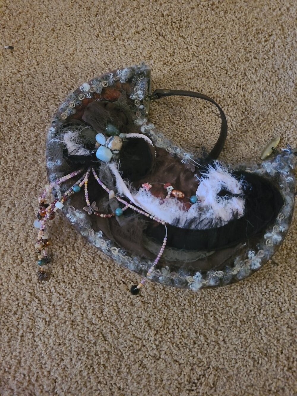 Mary Frances Vintage Boho Beaded Crescent Shoulder Bag Ruffles Butterfly Charm